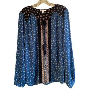 DR2 Top Boho Peasant Mixed Print Tassels Tie Long Roll-Tab Sleeves Teal & Black